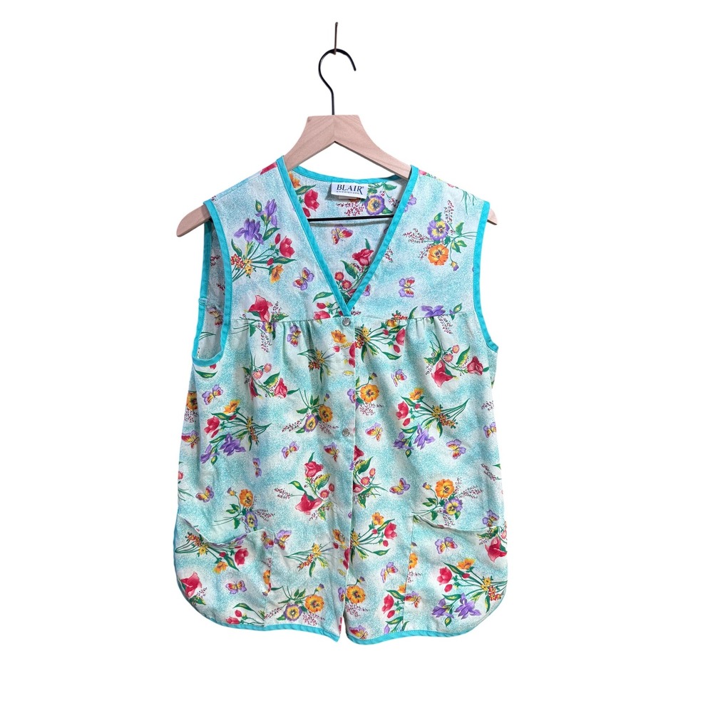 Blair Vintage Floral Butterfly Smock Vest Women Medium Aqua Blue Button Front